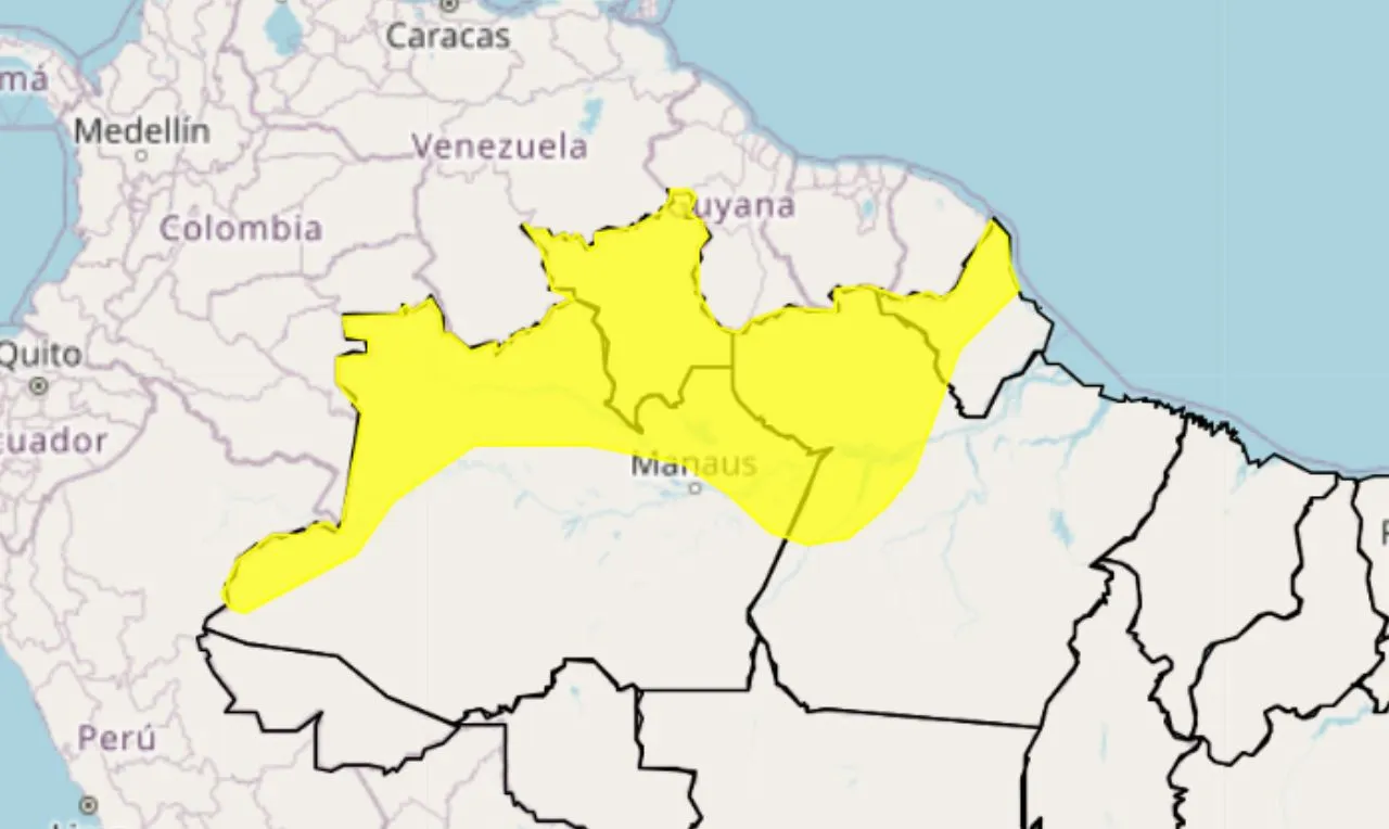 o mapa mostra as áreas em alerta para chuva amarelo na região Norte